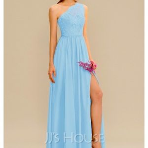 A-Line One-Shoulder Floor-Length Chiffon Lace Bridesmaid Dress With Split.